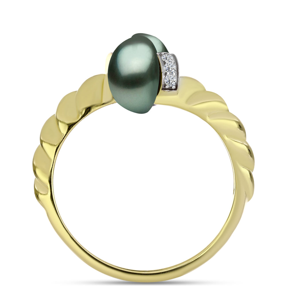 Anel de Prata com Banho de Ouro com Pérola de água doce com tonalidade verde estilo Taiti e Topázio Branco  Contraste: Cabeca de Veado (800) 2 