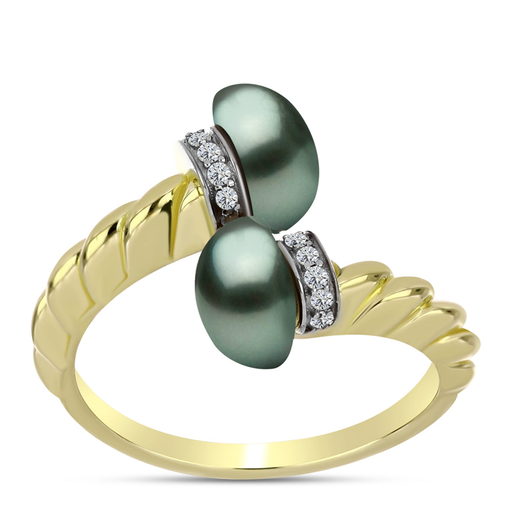 Anel de Prata com Banho de Ouro com Pérola de água doce com tonalidade verde estilo Taiti e Topázio Branco  Contraste: Cabeca de Veado (800)