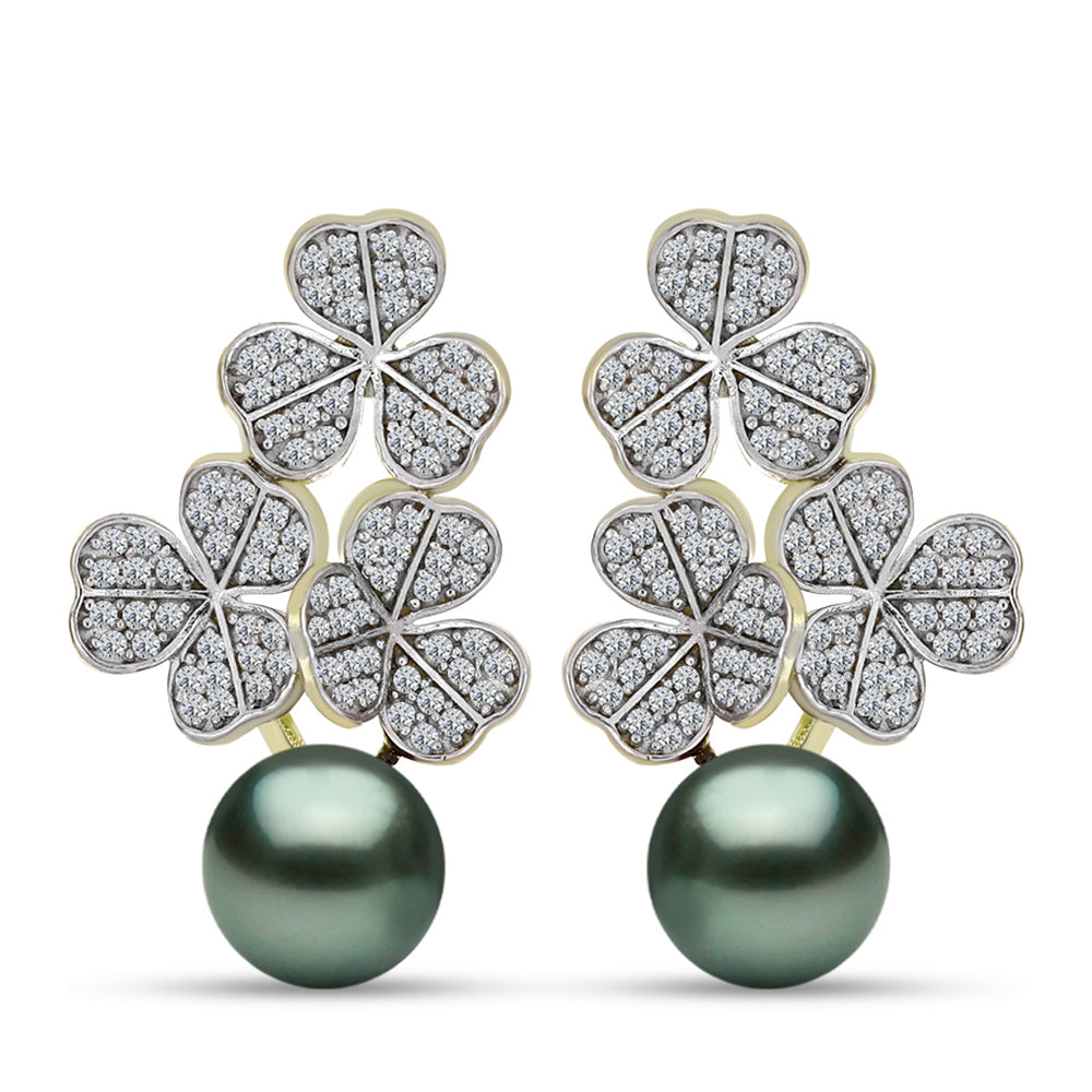 Brincos de Prata com Banho de Ouro com Pérola de água doce com tonalidade verde estilo Taiti e Topázio Branco  Contraste: Cabeca de Veado (800)