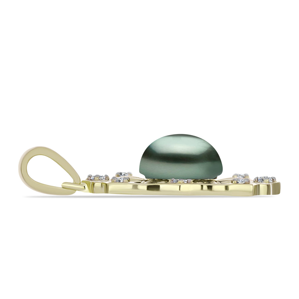 Pendente de Prata com Banho de Ouro com Pérola de água doce com tonalidade verde estilo Taiti e Topázio Branco