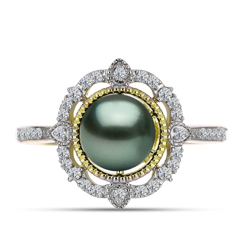 Anel de Prata com Banho de Ouro com Pérola de água doce com tonalidade verde estilo Taiti e Topázio Branco  Contraste: Cabeca de Veado (800) 1 