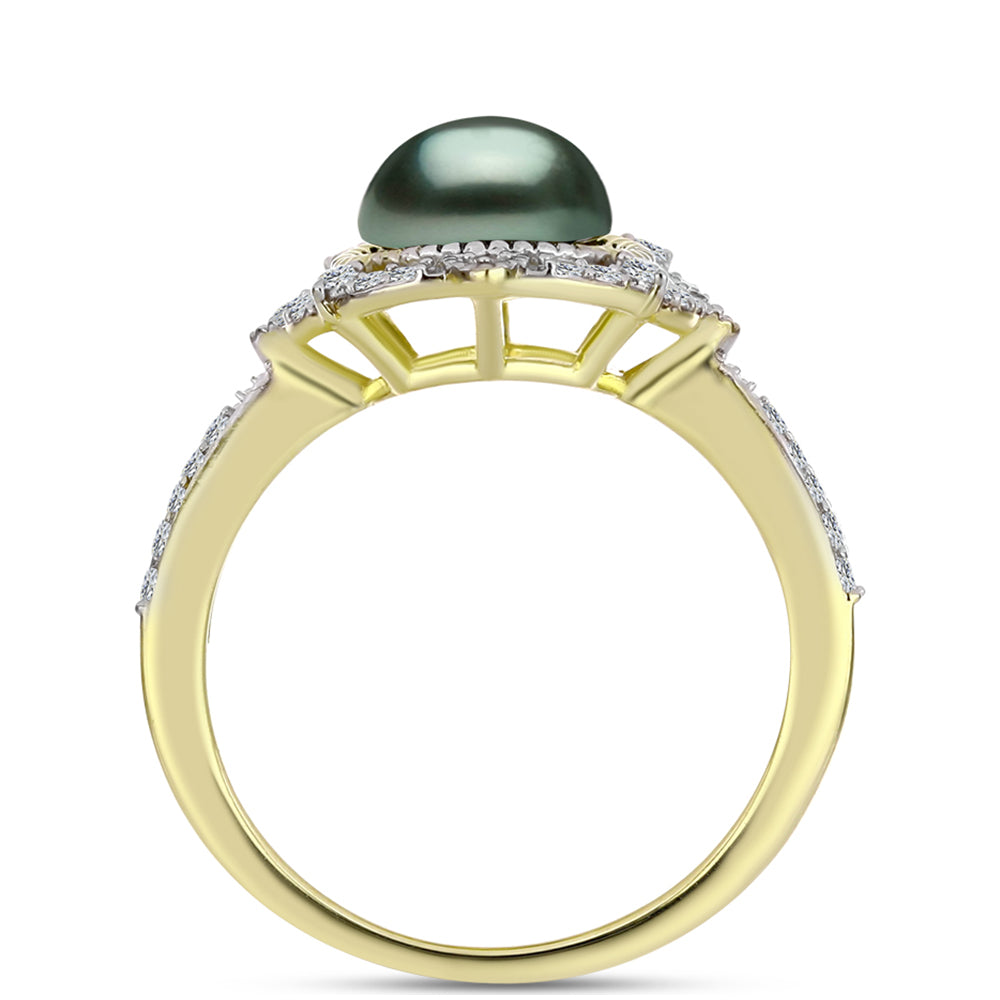 Anel de Prata com Banho de Ouro com Pérola de água doce com tonalidade verde estilo Taiti e Topázio Branco  Contraste: Cabeca de Veado (800) 2 