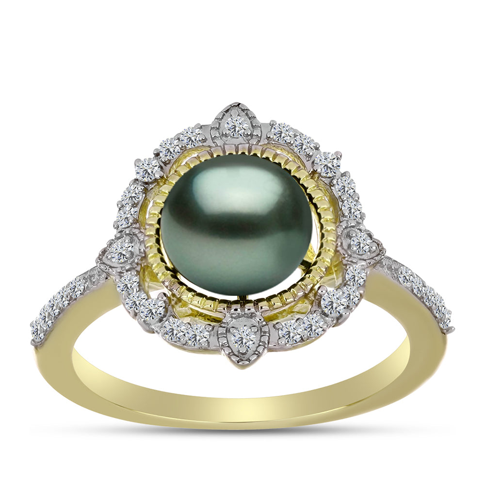 Anel de Prata com Banho de Ouro com Pérola de água doce com tonalidade verde estilo Taiti e Topázio Branco  Contraste: Cabeca de Veado (800)