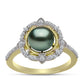 Anel de Prata com Banho de Ouro com Pérola de água doce com tonalidade verde estilo Taiti e Topázio Branco  Contraste: Cabeca de Veado (800)