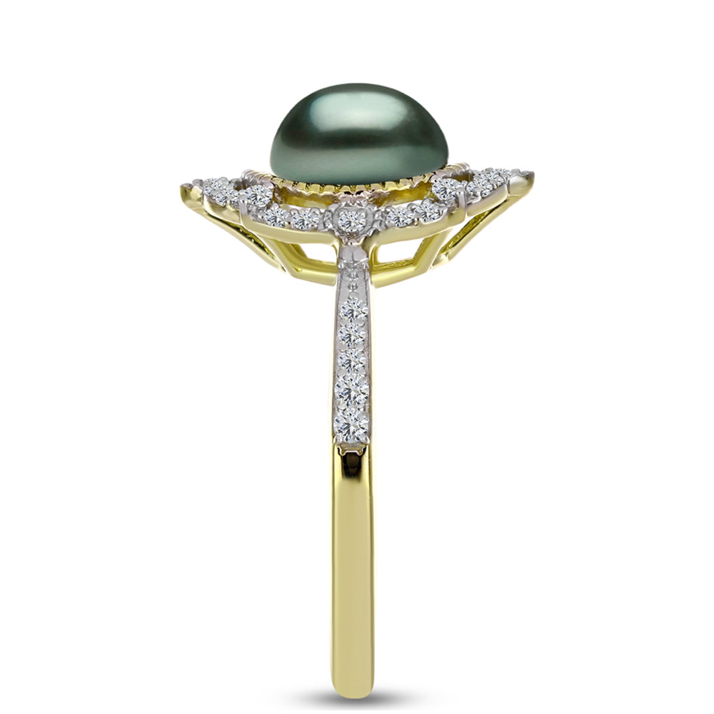 Anel de Prata com Banho de Ouro com Pérola de água doce com tonalidade verde estilo Taiti e Topázio Branco  Contraste: Cabeca de Veado (800) 4 