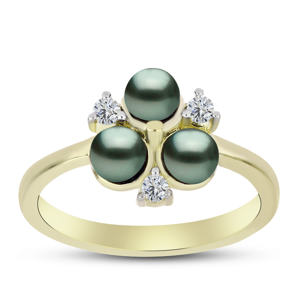 Anel de Prata com Banho de Ouro com Pérola de água doce com tonalidade verde estilo Taiti e Topázio Branco 3 
