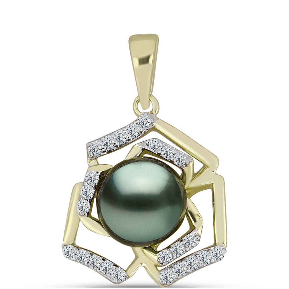 Pendente de Prata com Banho de Ouro com Pérola de água doce com tonalidade verde estilo Taiti e Topázio Branco