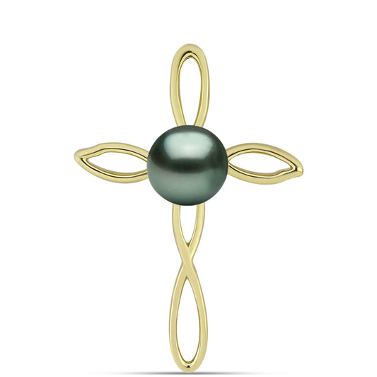 Cruz Pendente de Prata com Banho de Ouro com Pérola de água doce com tonalidade verde estilo Taiti