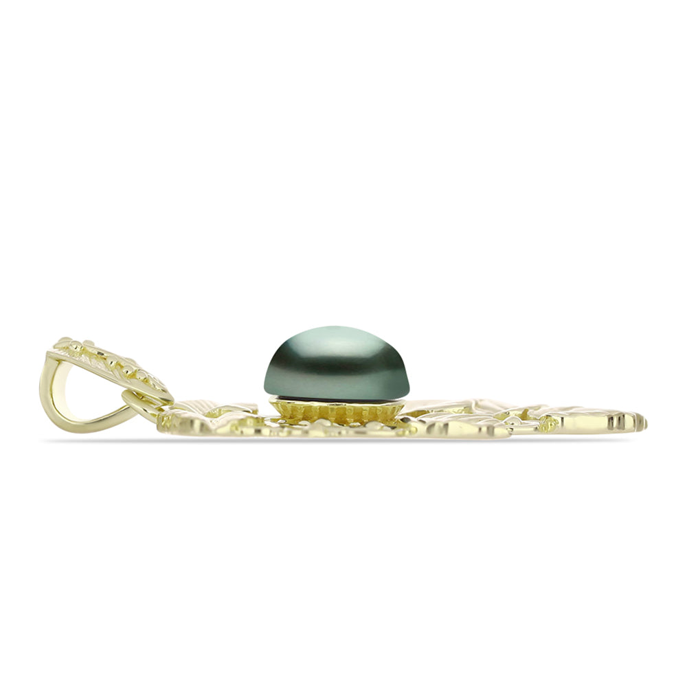 Pendente de Prata com Banho de Ouro com Pérola de água doce com tonalidade verde estilo Taiti  Contraste: Cabeca de Veado (800)