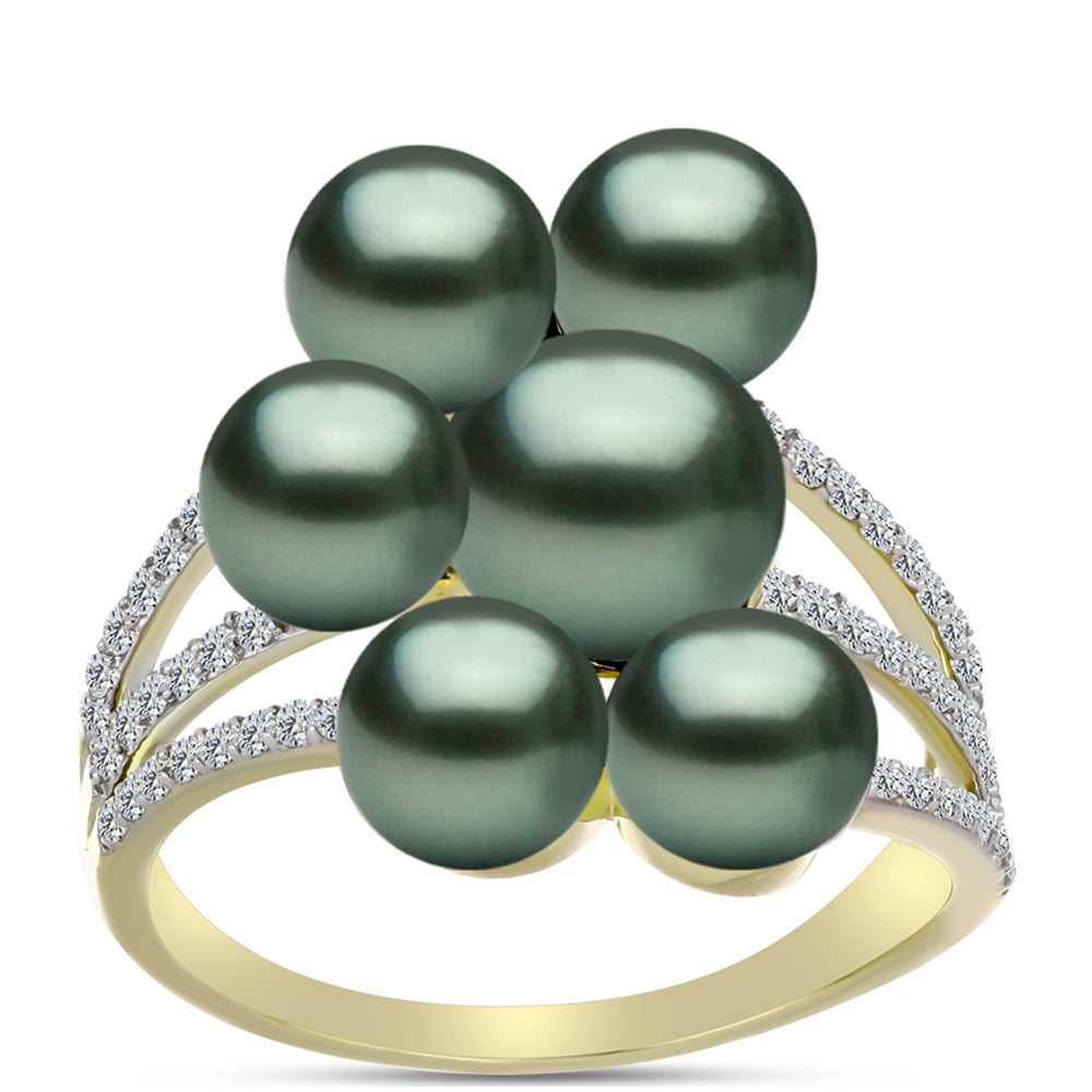 Anel de Prata com Banho de Ouro com Pérola de água doce com tonalidade verde estilo Taiti e Topázio Branco  Contraste: Cabeca de Veado (800)