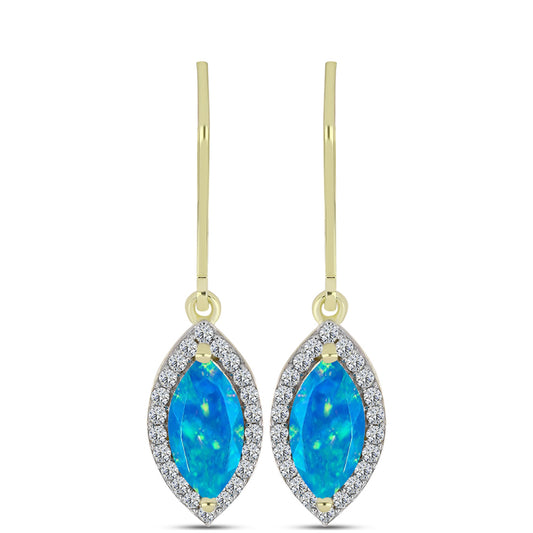 Brincos de Prata com Banho de Ouro com Opala Azul Paraib da Etiópia e Topázio Branco