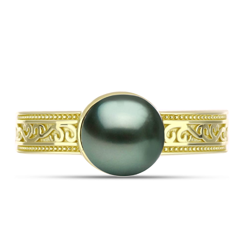 Anel de Prata com Banho de Ouro com Pérola de água doce com tonalidade verde estilo Taiti  Contraste: Cabeca de Veado (800)