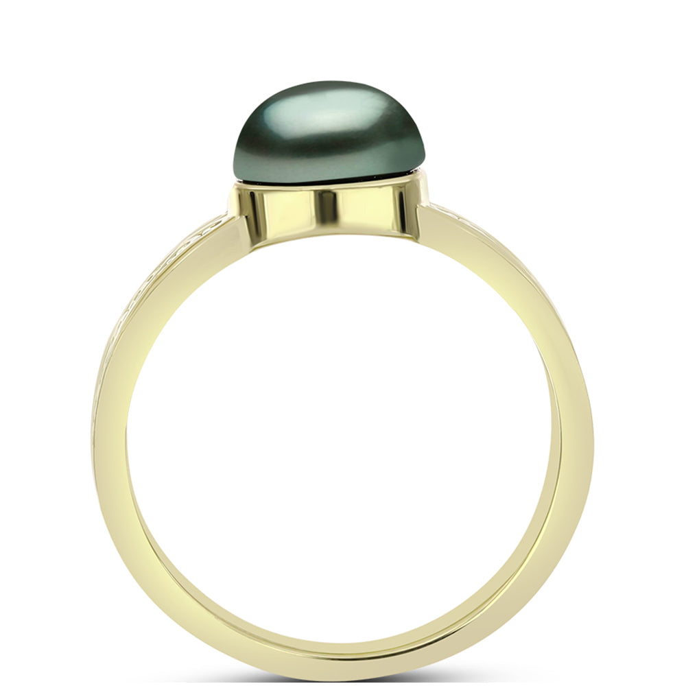 Anel de Prata com Banho de Ouro com Pérola de água doce com tonalidade verde estilo Taiti  Contraste: Cabeca de Veado (800)