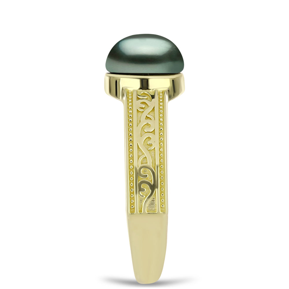 Anel de Prata com Banho de Ouro com Pérola de água doce com tonalidade verde estilo Taiti  Contraste: Cabeca de Veado (800)