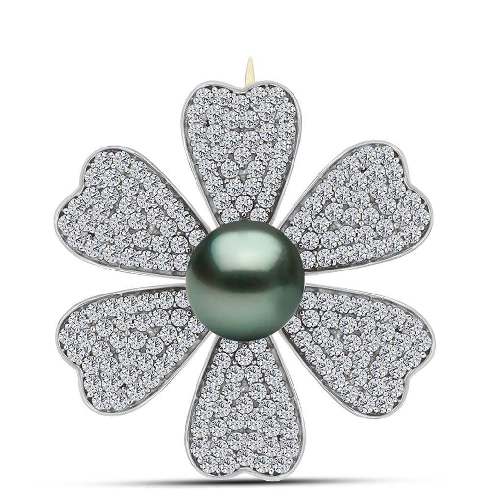 Alfinete de Prata com Banho de Ouro com Pérola de água doce com tonalidade verde estilo Taiti e Topázio Branco  Contraste: Cabeca de Veado (800)