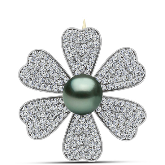 Alfinete de Prata com Banho de Ouro com Pérola de água doce com tonalidade verde estilo Taiti e Topázio Branco  Contraste: Cabeca de Veado (800)