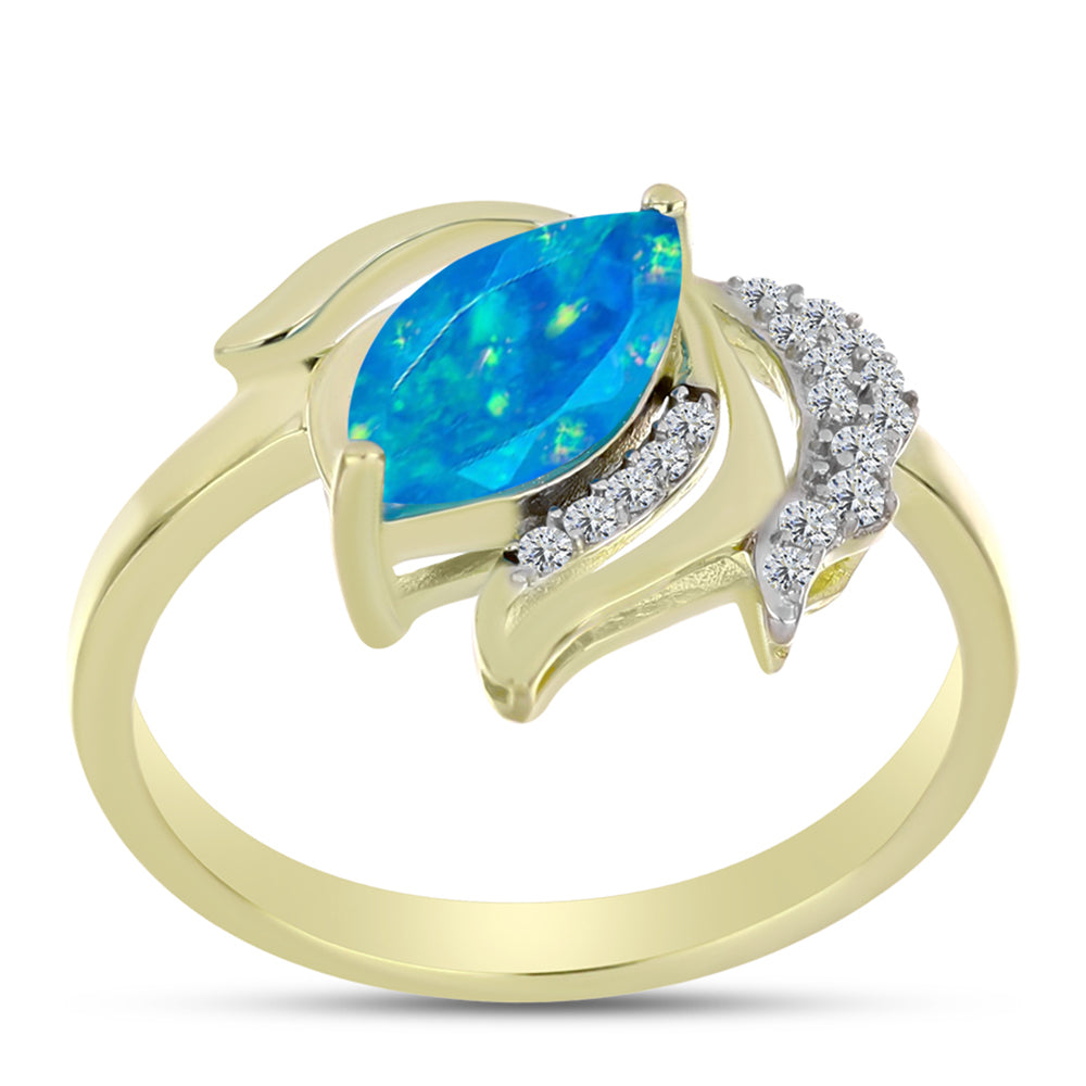 Anel de Prata com Banho de Ouro com Opala Azul Paraib da Etiópia e Topázio Branco