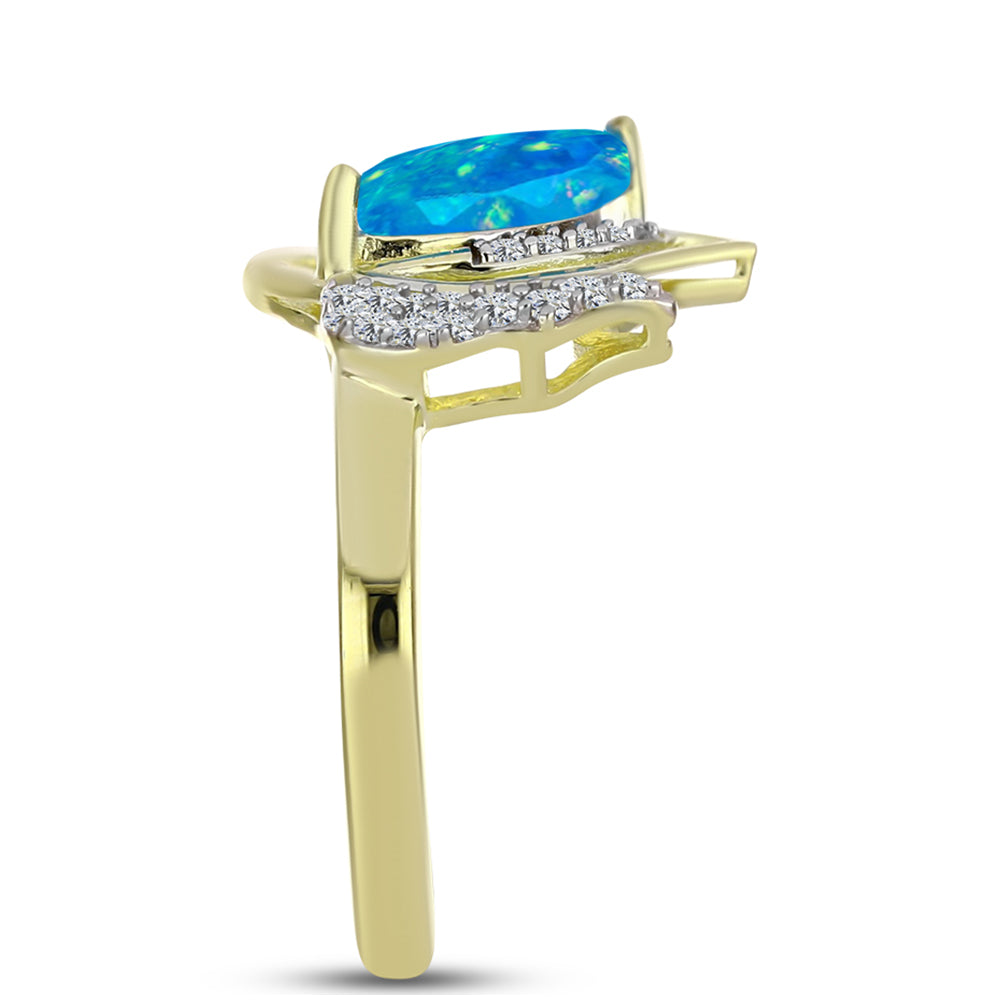Anel de Prata com Banho de Ouro com Opala Azul Paraib da Etiópia e Topázio Branco