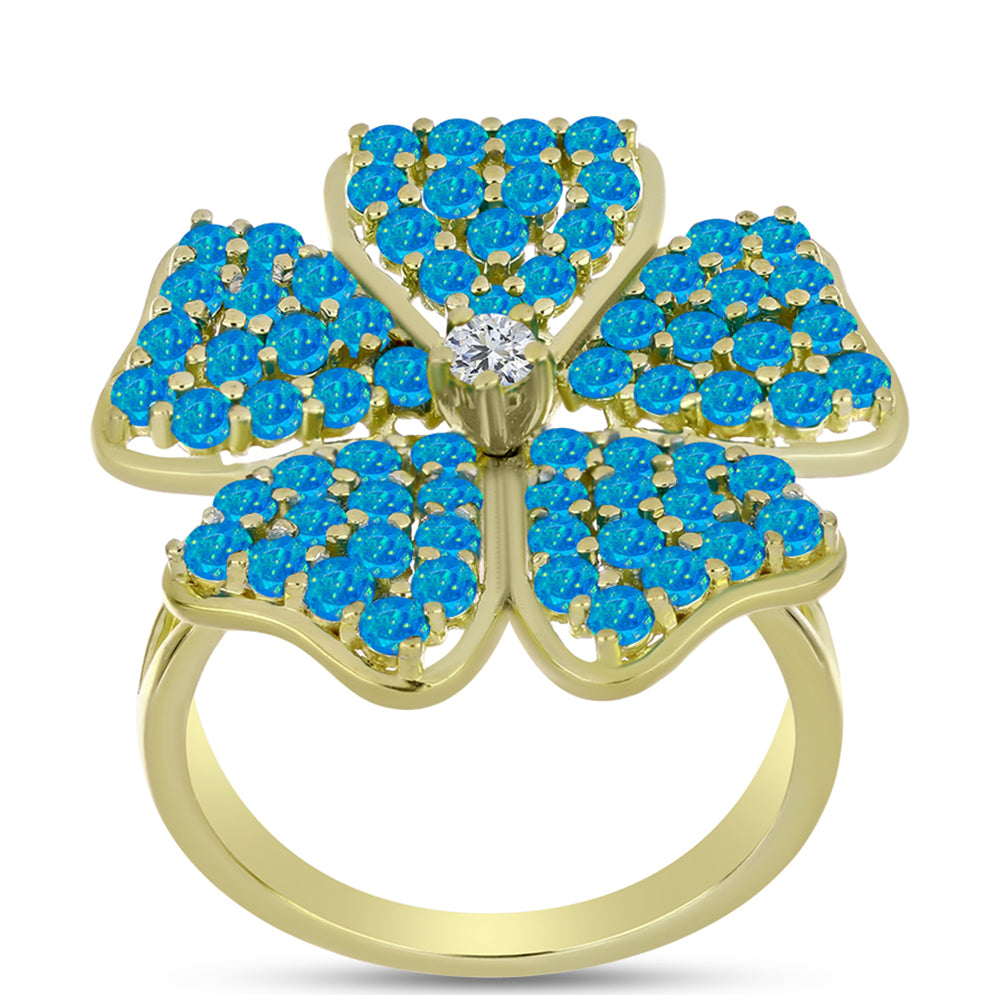 Anel de Prata com Banho de Ouro com Opala Azul Paraib da Etiópia e Topázio Branco  Contraste: Cabeca de Veado (800) 3 