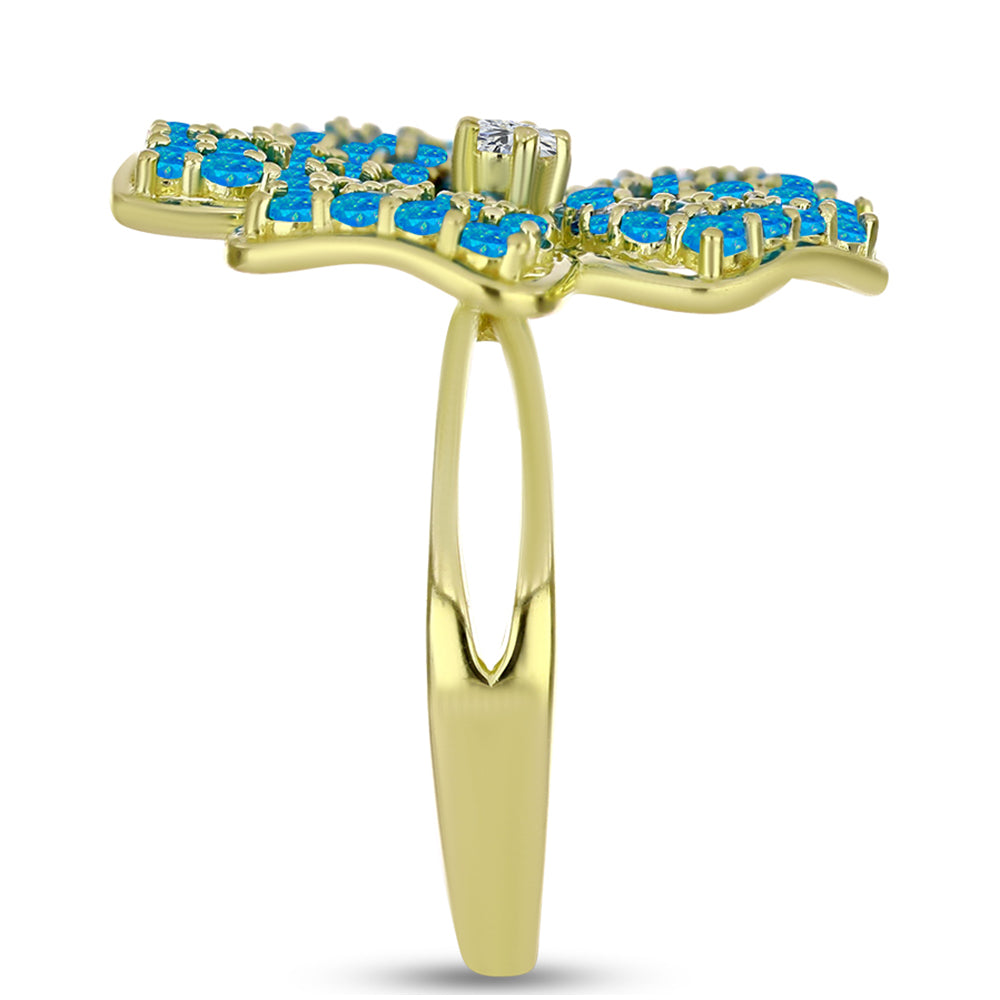 Anel de Prata com Banho de Ouro com Opala Azul Paraib da Etiópia e Topázio Branco  Contraste: Cabeca de Veado (800) 4 