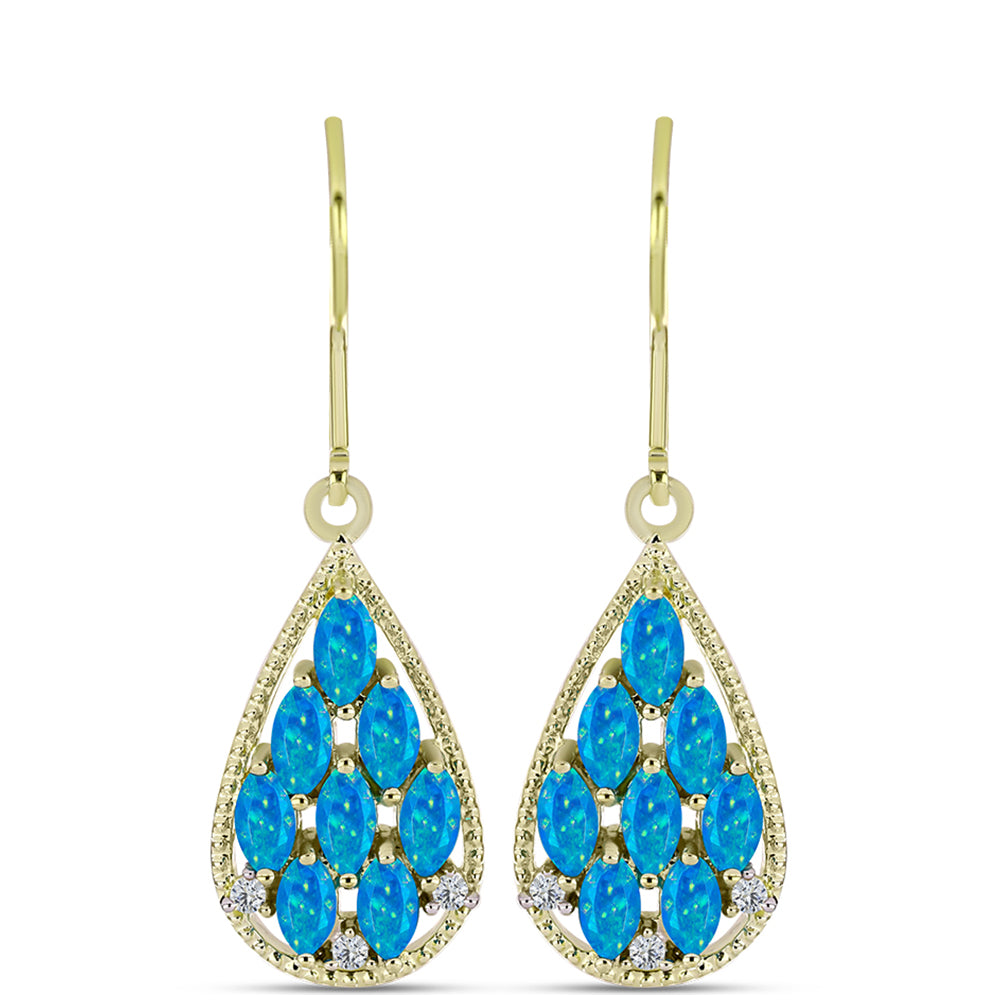 Brincos de Prata com Banho de Ouro com Opala Azul Paraib da Etiópia e Topázio Branco