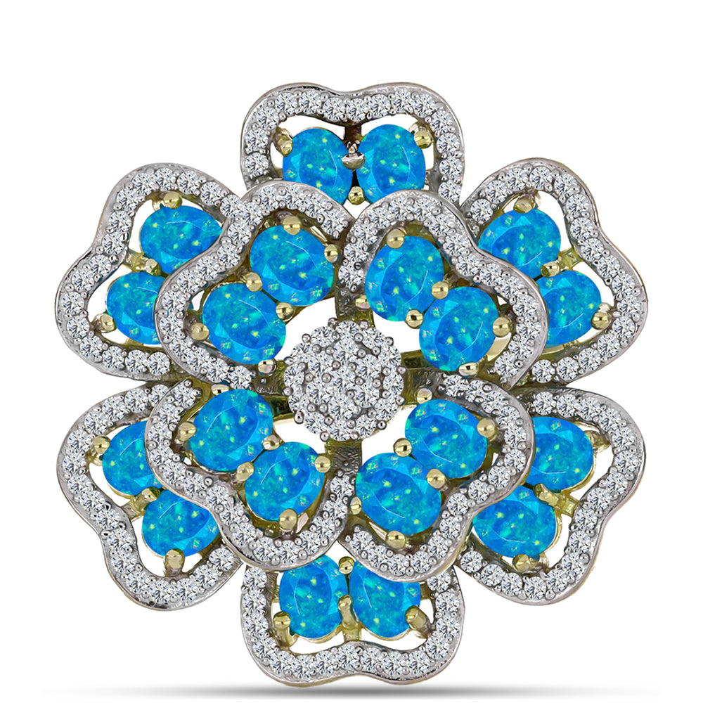 Anel de Prata com Banho de Ouro com Opala Azul Paraib da Etiópia e Topázio Branco  Contraste: Cabeca de Veado (800) 1 