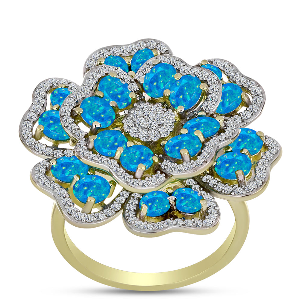 Anel de Prata com Banho de Ouro com Opala Azul Paraib da Etiópia e Topázio Branco  Contraste: Cabeca de Veado (800)