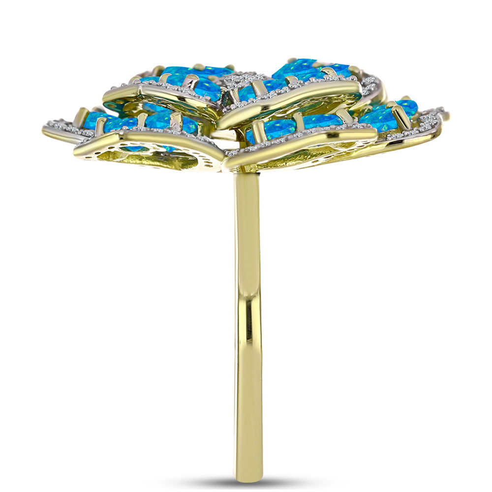 Anel de Prata com Banho de Ouro com Opala Azul Paraib da Etiópia e Topázio Branco  Contraste: Cabeca de Veado (800)