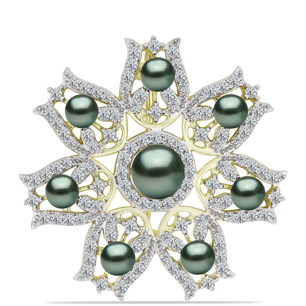 Alfinete de Prata com Banho de Ouro com Pérola de água doce com tonalidade verde estilo Taiti e Topázio Branco  Contraste: Cabeca de Veado (800) 1 