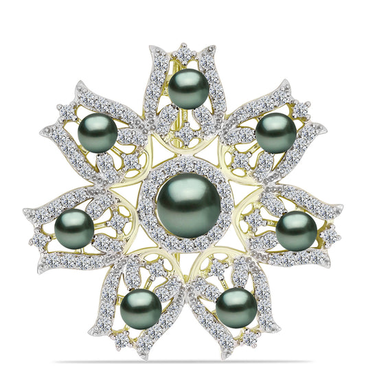 Alfinete de Prata com Banho de Ouro com Pérola de água doce com tonalidade verde estilo Taiti e Topázio Branco  Contraste: Cabeca de Veado (800)