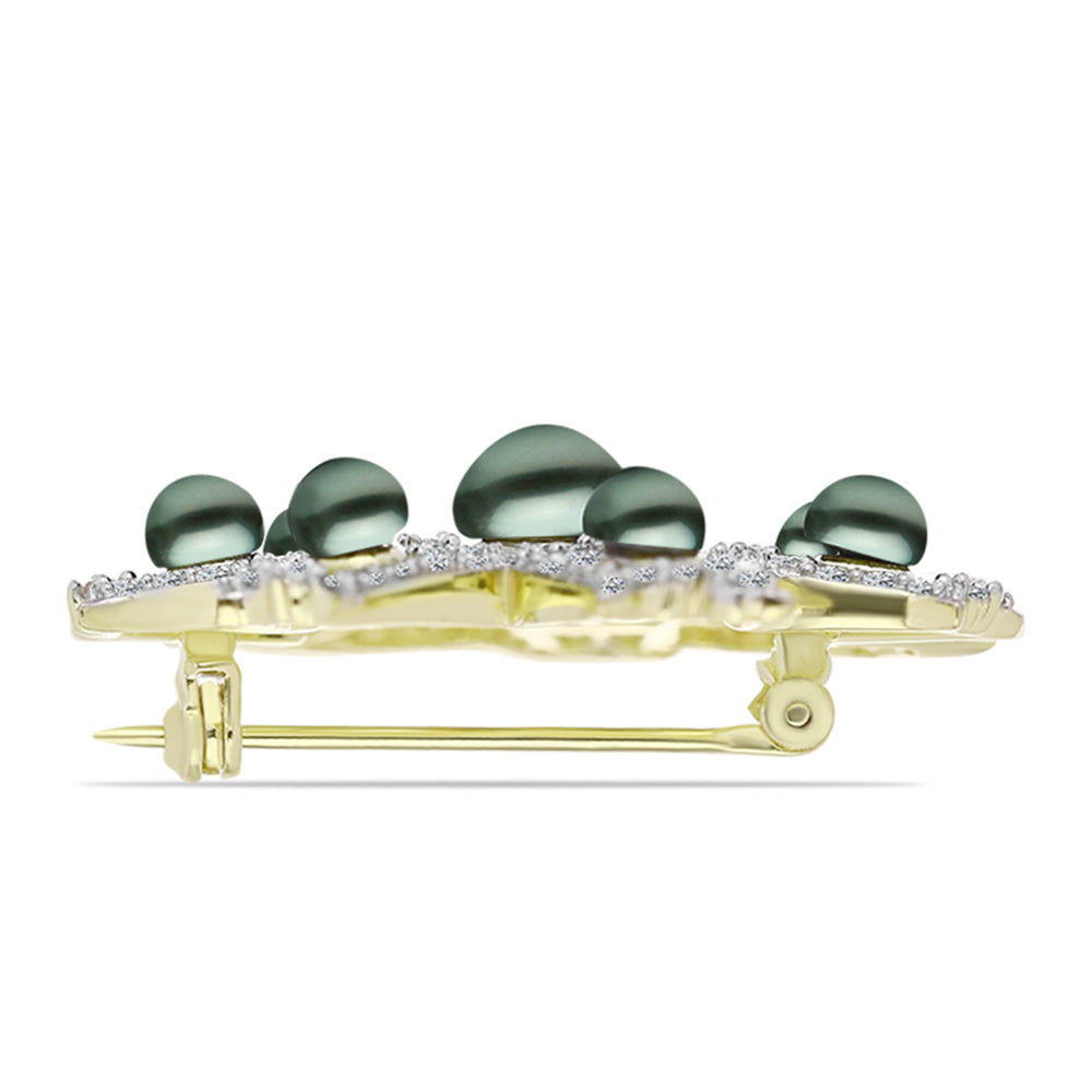 Alfinete de Prata com Banho de Ouro com Pérola de água doce com tonalidade verde estilo Taiti e Topázio Branco  Contraste: Cabeca de Veado (800) 2 