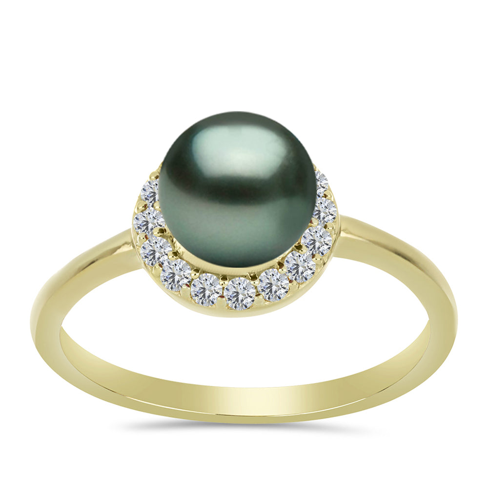 Anel de Prata com Banho de Ouro com Pérola de água doce com tonalidade verde estilo Taiti e Topázio Branco