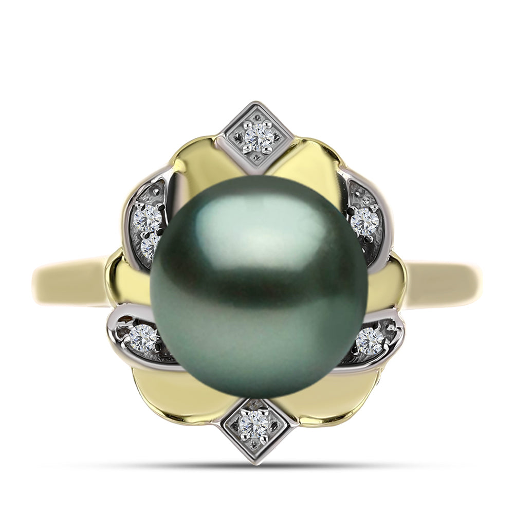 Anel de Prata com Banho de Ouro com Pérola de água doce com tonalidade verde estilo Taiti e Topázio Branco  Contraste: Cabeca de Veado (800)