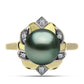 Anel de Prata com Banho de Ouro com Pérola de água doce com tonalidade verde estilo Taiti e Topázio Branco  Contraste: Cabeca de Veado (800)