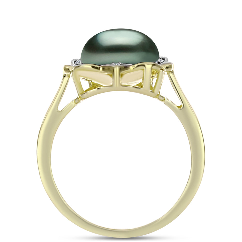 Anel de Prata com Banho de Ouro com Pérola de água doce com tonalidade verde estilo Taiti e Topázio Branco  Contraste: Cabeca de Veado (800)