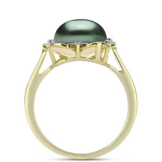 Anel de Prata com Banho de Ouro com Pérola de água doce com tonalidade verde estilo Taiti e Topázio Branco  Contraste: Cabeca de Veado (800)