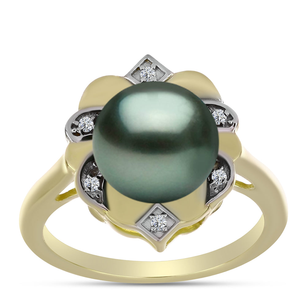 Anel de Prata com Banho de Ouro com Pérola de água doce com tonalidade verde estilo Taiti e Topázio Branco  Contraste: Cabeca de Veado (800)