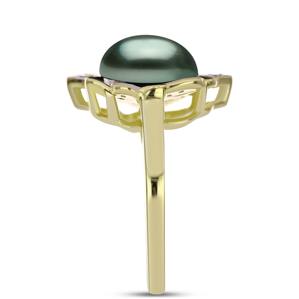 Anel de Prata com Banho de Ouro com Pérola de água doce com tonalidade verde estilo Taiti e Topázio Branco  Contraste: Cabeca de Veado (800) 4 