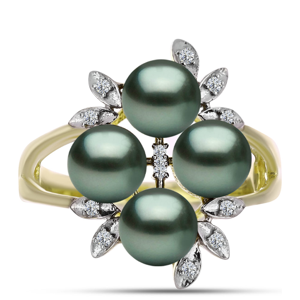 Anel de Prata com Banho de Ouro com Pérola de água doce com tonalidade verde estilo Taiti e Topázio Branco  Contraste: Cabeca de Veado (800)