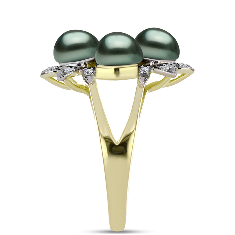 Anel de Prata com Banho de Ouro com Pérola de água doce com tonalidade verde estilo Taiti e Topázio Branco  Contraste: Cabeca de Veado (800)