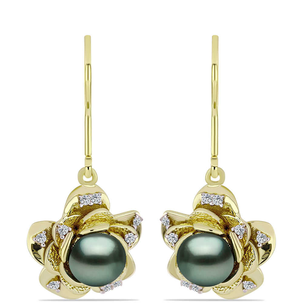 Brincos de Prata com Banho de Ouro com Pérola de água doce com tonalidade verde estilo Taiti e Topázio Branco  Contraste: Cabeca de Veado (800)