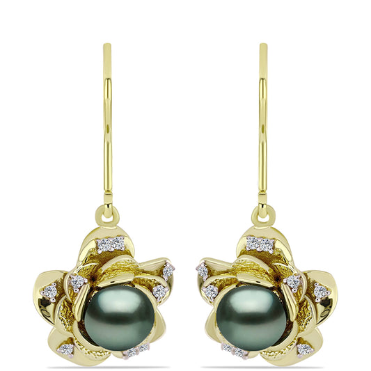 Brincos de Prata com Banho de Ouro com Pérola de água doce com tonalidade verde estilo Taiti e Topázio Branco  Contraste: Cabeca de Veado (800)