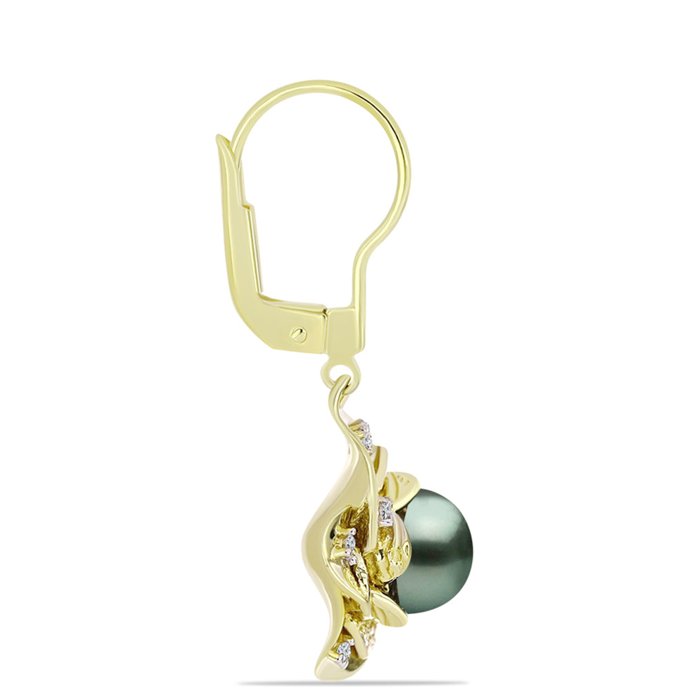 Brincos de Prata com Banho de Ouro com Pérola de água doce com tonalidade verde estilo Taiti e Topázio Branco  Contraste: Cabeca de Veado (800)