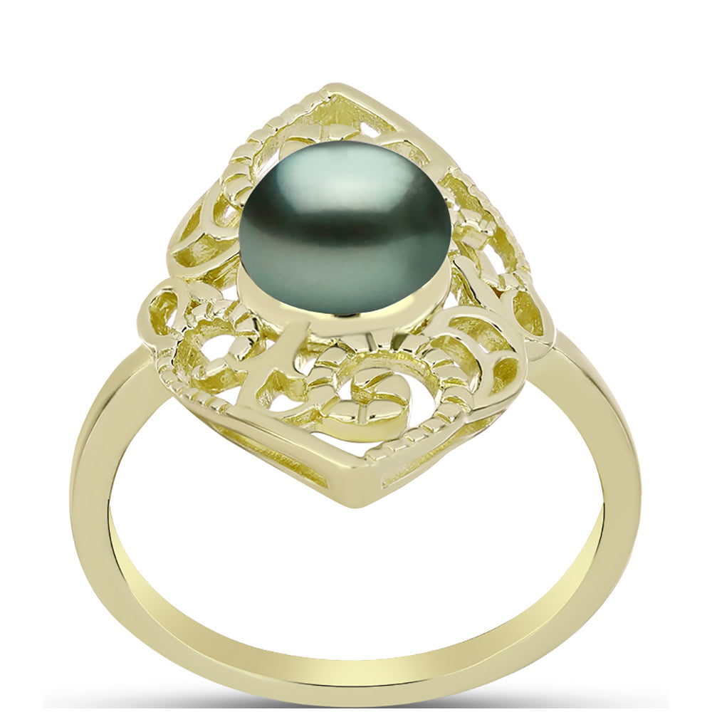 Anel de Prata com Banho de Ouro com Pérola de água doce com tonalidade verde estilo Taiti  Contraste: Cabeca de Veado (800)