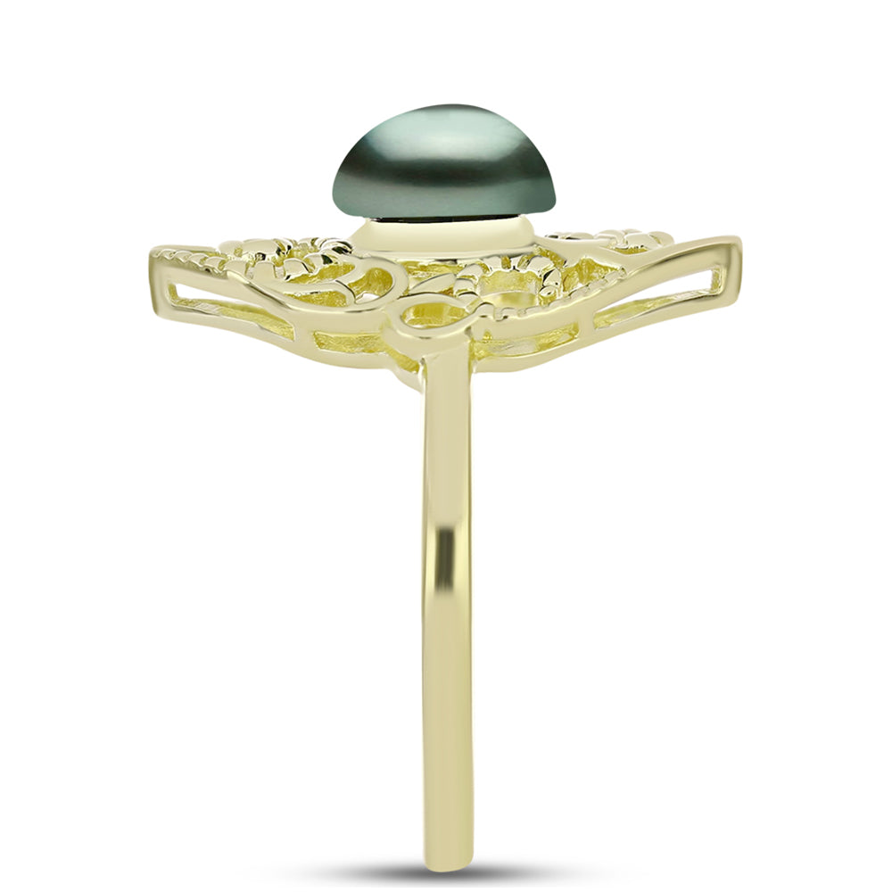 Anel de Prata com Banho de Ouro com Pérola de água doce com tonalidade verde estilo Taiti  Contraste: Cabeca de Veado (800)