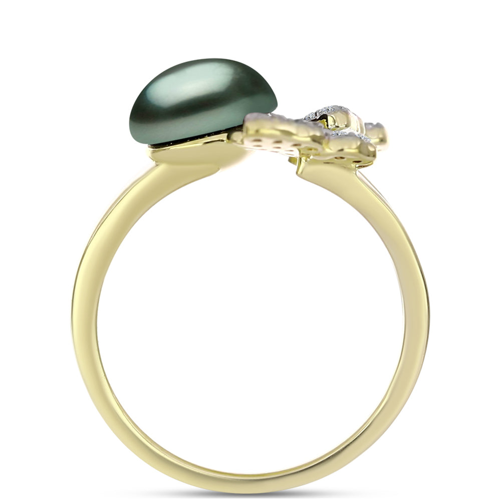 Anel de Prata com Banho de Ouro com Pérola de água doce com tonalidade verde estilo Taiti e Topázio Branco  Contraste: Cabeca de Veado (800) 2 