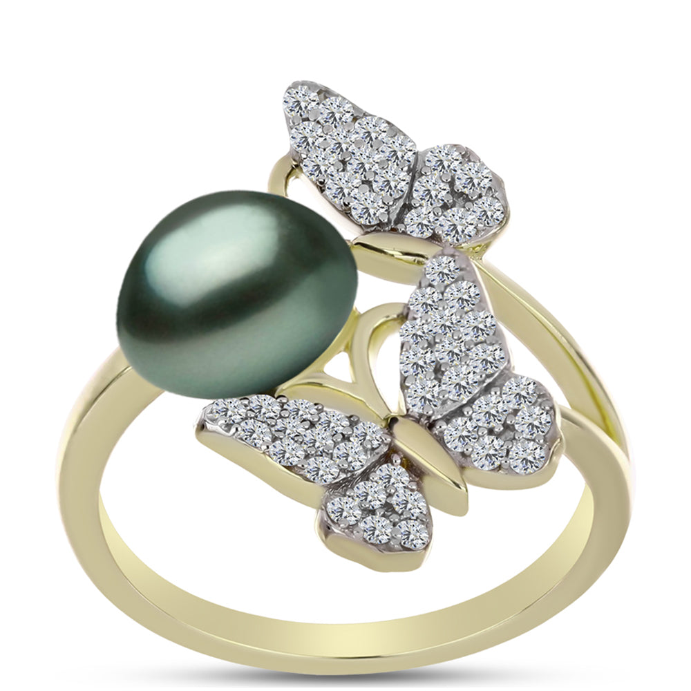 Anel de Prata com Banho de Ouro com Pérola de água doce com tonalidade verde estilo Taiti e Topázio Branco  Contraste: Cabeca de Veado (800)