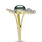 Anel de Prata com Banho de Ouro com Pérola de água doce com tonalidade verde estilo Taiti e Topázio Branco  Contraste: Cabeca de Veado (800)