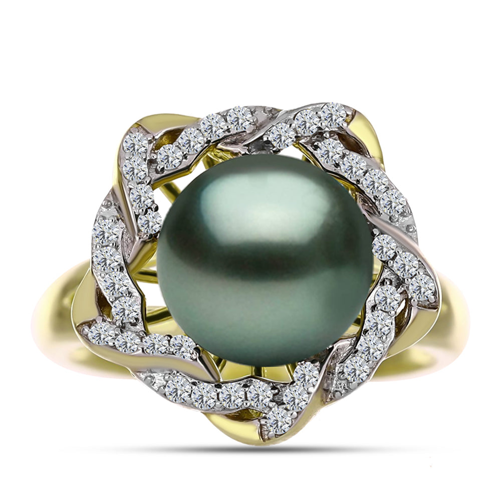 Anel de Prata com Banho de Ouro com Pérola de água doce com tonalidade verde estilo Taiti e Topázio Branco  Contraste: Cabeca de Veado (800)
