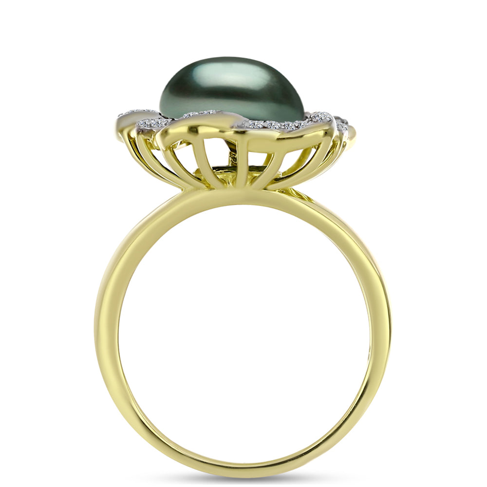 Anel de Prata com Banho de Ouro com Pérola de água doce com tonalidade verde estilo Taiti e Topázio Branco  Contraste: Cabeca de Veado (800) 2 